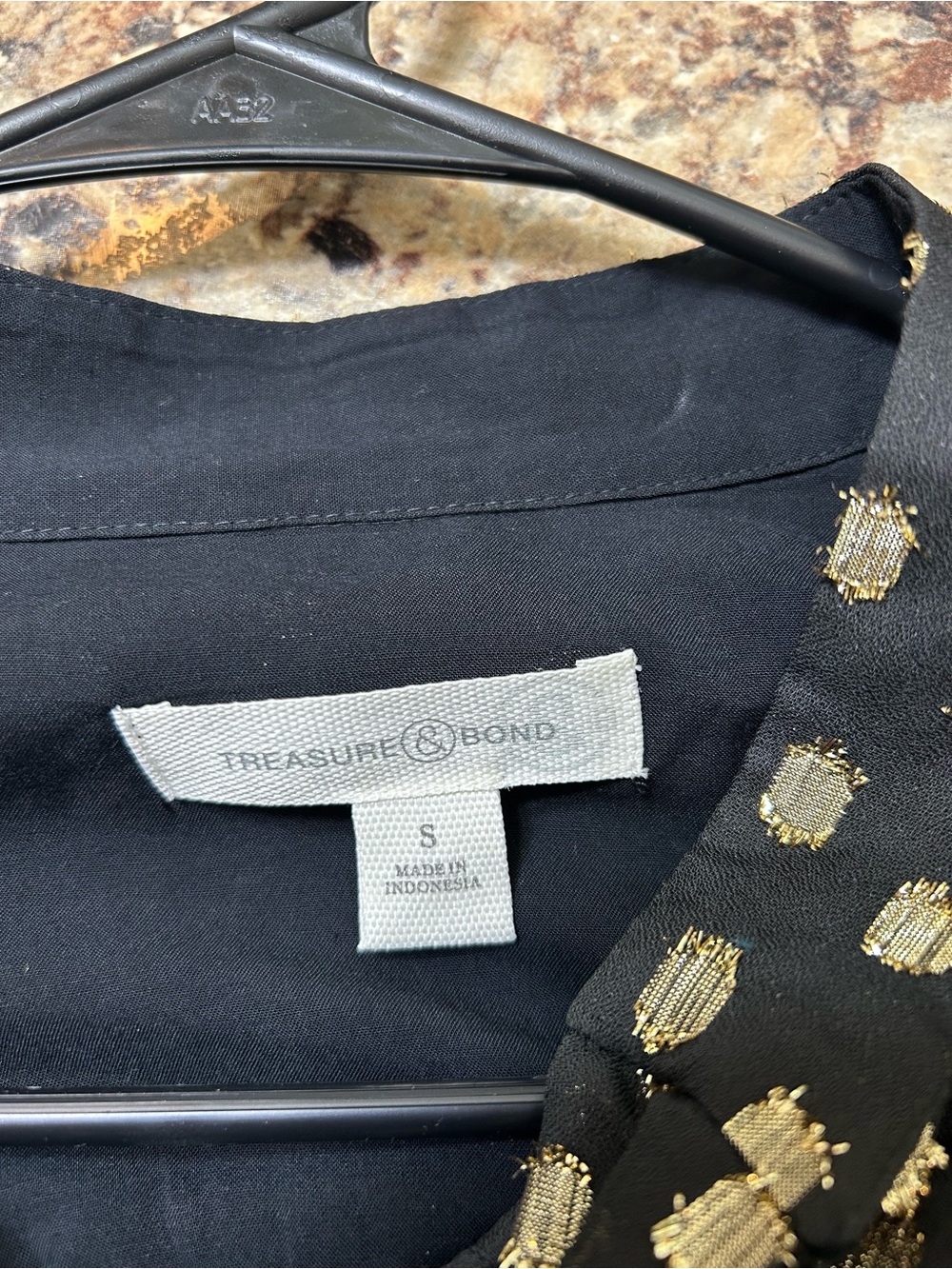 Black Tie-Neck Blouse with Gold Dot Print - Picture 7 of 7